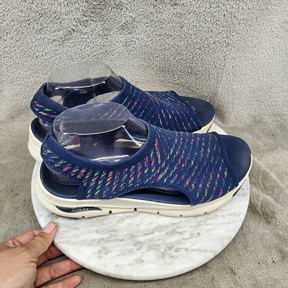 Skechers Womens Size 8 Catchy Wave Arch Fit Navy Rainbow Knit Sandals *GUC* - Picture 4 of 11